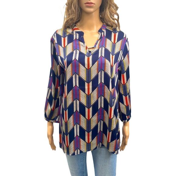 Tulle V-Neck Chevron Blouse, Blue Multicolor, Size L - Picture 2 of 6